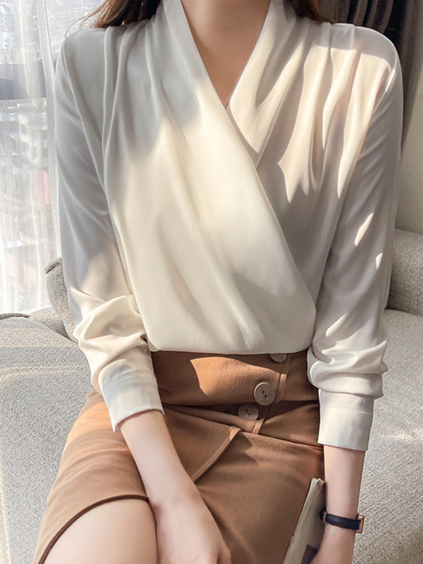 Long Sleeves Loose Buttoned Solid Color V-Neck Blouses&Shirts Tops