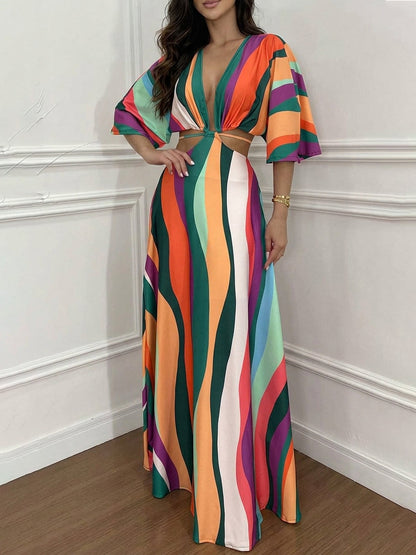 A-Line Cropped Contrast Color Knot Printed Split-Joint Deep V-Neck Maxi Dresses
