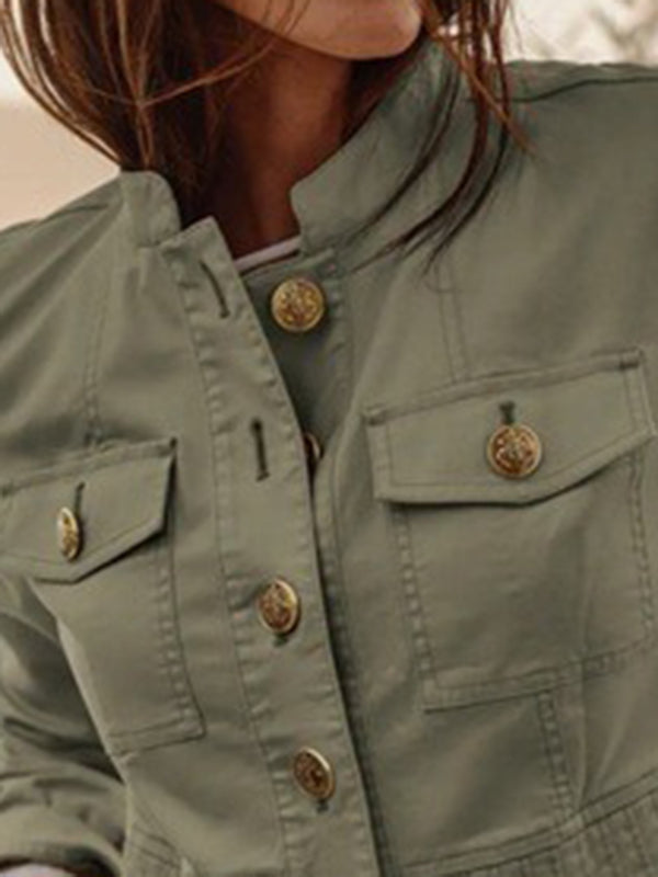 Long Sleeves Buttoned Pleated Split-Joint Stand Collar Outerwear