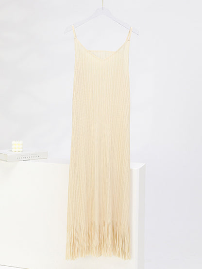 Loose Sleeveless Pleated Solid Color Tasseled Spaghetti-Neck Midi Dresses