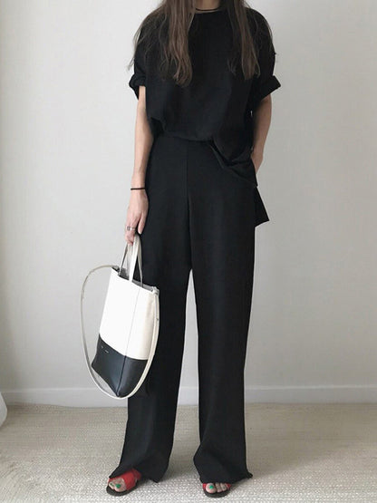 Loose Fringed Solid Color Split-Side Round-Neck T-Shirt+ Pants Two Pieces Set