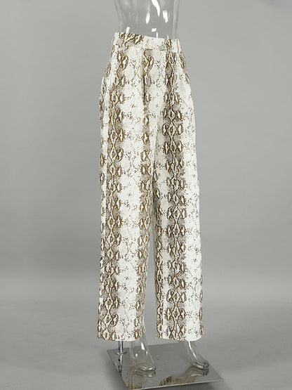 High Waisted Loose Elasticity Pockets Snakeskin Printed Pants Trousers
