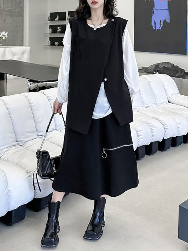 Loose Sleeveless Asymmetric Zipper Round-Neck Vest Top