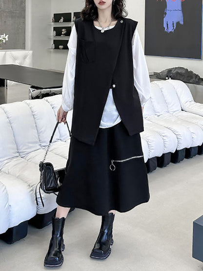 Loose Sleeveless Asymmetric Zipper Round-Neck Vest Top