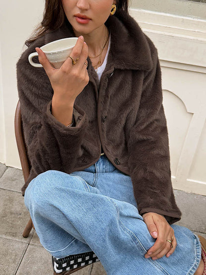 Long Sleeves Loose Buttoned Pockets Solid Color Split-Joint Lapel Outerwear