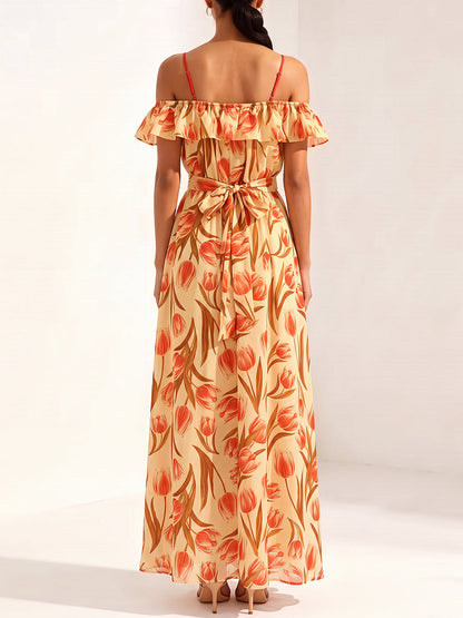 Tied Waist Ruffle Trim Flower Print Elasticity Contrast Color Short Sleeves Loose Off-the-shoulder Maxi Dresses