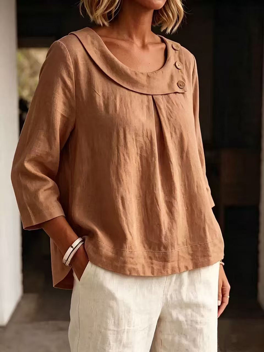 Split-Joint Solid Color Pleated Buttoned Asymmetric Loose Long Sleeves U-neck Blouses&shirts Tops