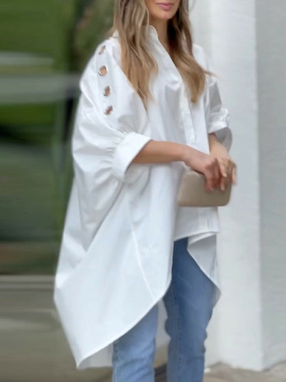 Loose Puff Sleeves High-Waisted Hollow Solid Color Lapel Collar Blouses&Shirts Tops