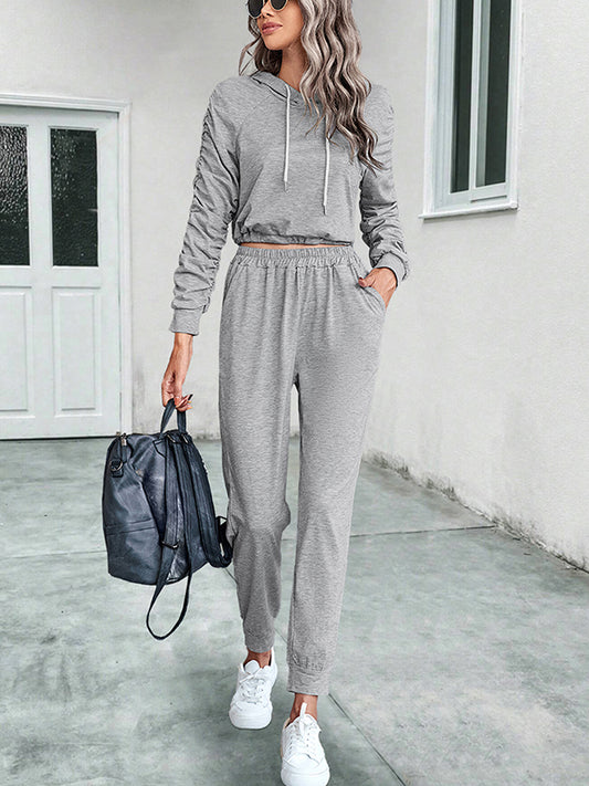 Solid Color Long Sleeves Pleated V-Neck Hoodies Top + Drawstring Elasticity Pants Bottom Two Pieces Set
