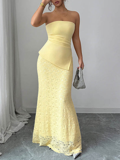Bodycon Irregularity Lacy Pleated Solid Color Split-Joint Tube Maxi Dresses