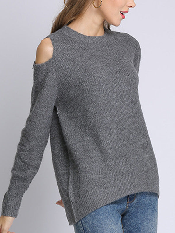 Long Sleeves Loose Hollow Solid Color Round-Neck Knitwear Pullovers Sweater Tops