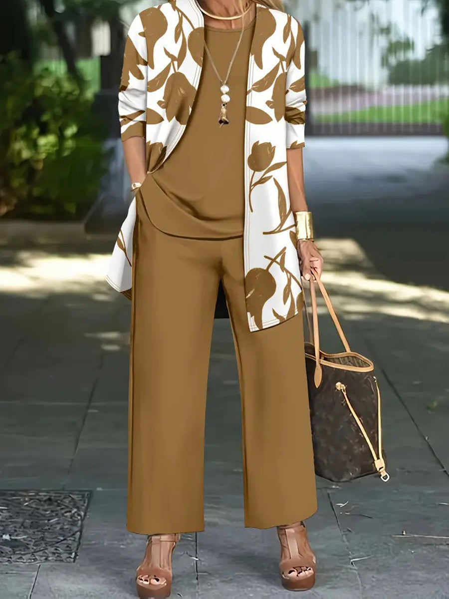 Solid Color Round-neck Sleeveless Tank Top+ Contrast Color Flower Print Outerwear +High Waisted Pockets Pants Trousers Three Pieces Set