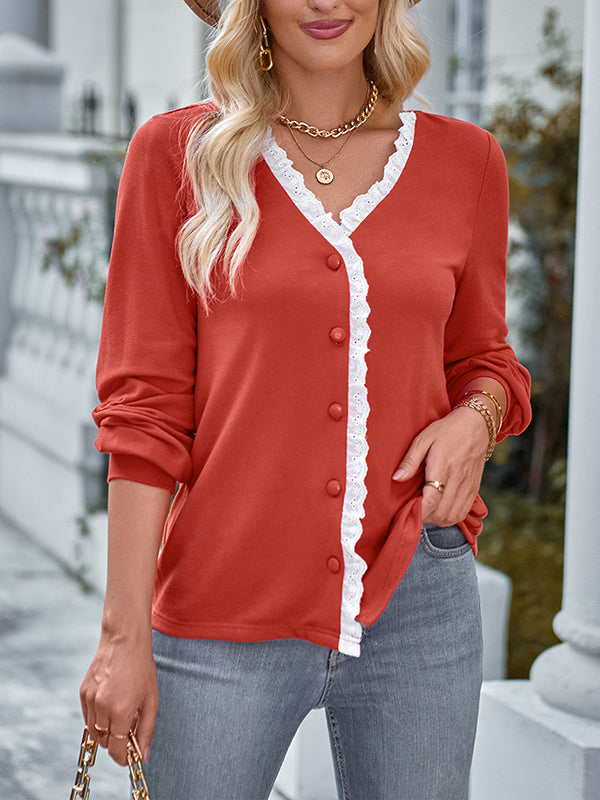Long Sleeves Loose Buttoned Ruffle Trim Split-Joint V-Neck T-Shirts Tops