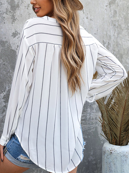 Long Sleeves Loose Buttoned Pockets Striped V-Neck Blouses&Shirts Tops