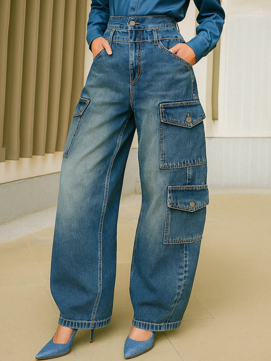 High Waisted Loose Buttoned Pockets Solid Color Split-Joint Jean Pants Bottoms