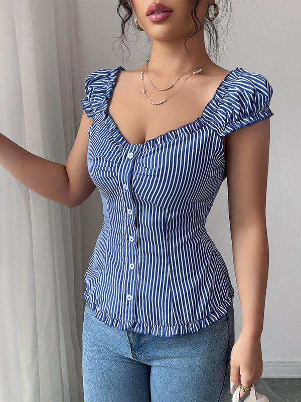 Puff Sleeves Skinny Buttoned Pleated Striped Square-Neck Blouses&Shirts Tops