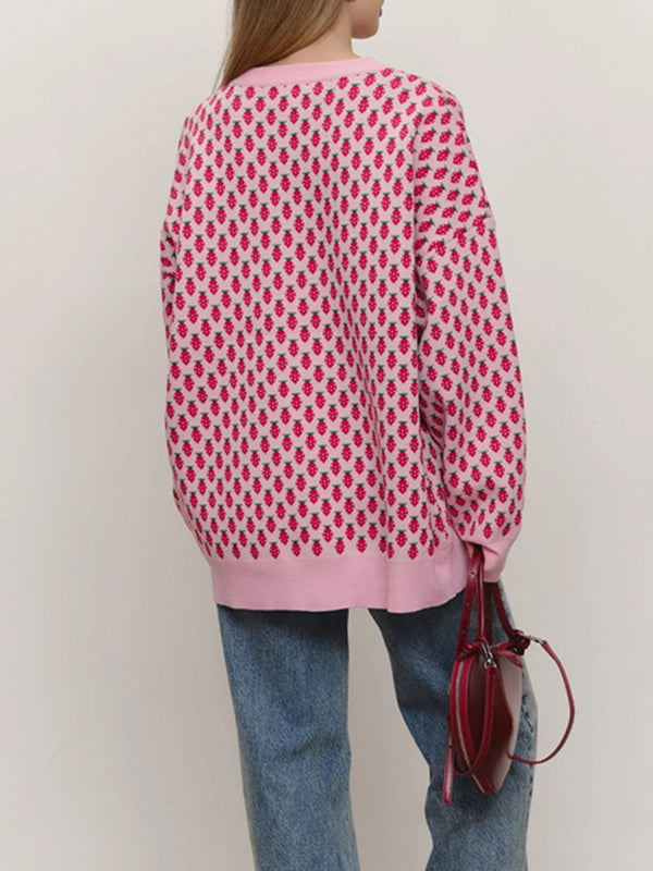 Long Sleeves Loose Pleated Split-Joint Round-Neck Sweater Tops