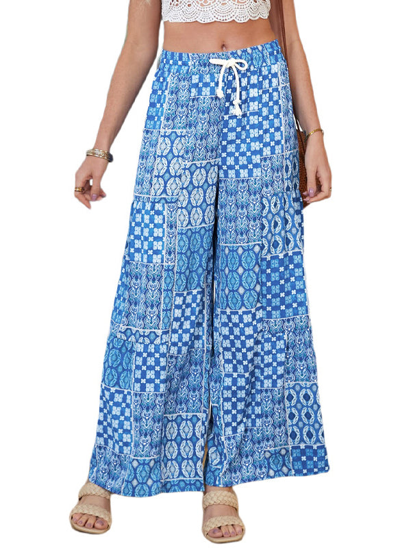 High Waisted Loose Drawstring Pleated Printed Pants Trousers