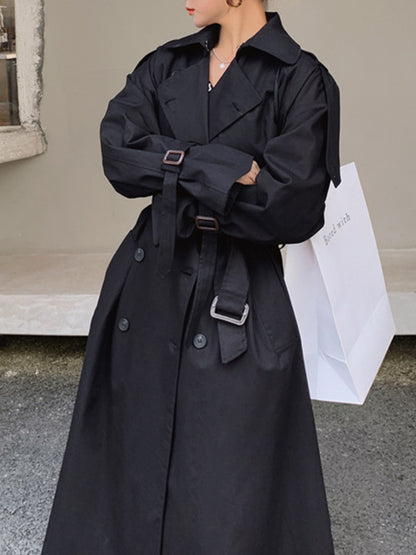 Long Sleeves Loose Buckle Buttoned Solid Color Split-Back Lapel Trench Coats