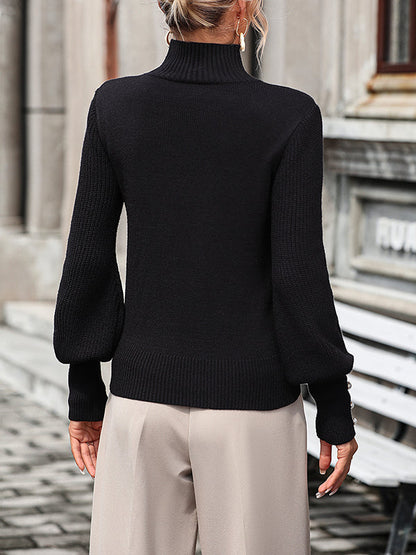 Long Sleeves Loose Beaded Split-Joint High-Neck Knitwear Pullovers Sweater Tops