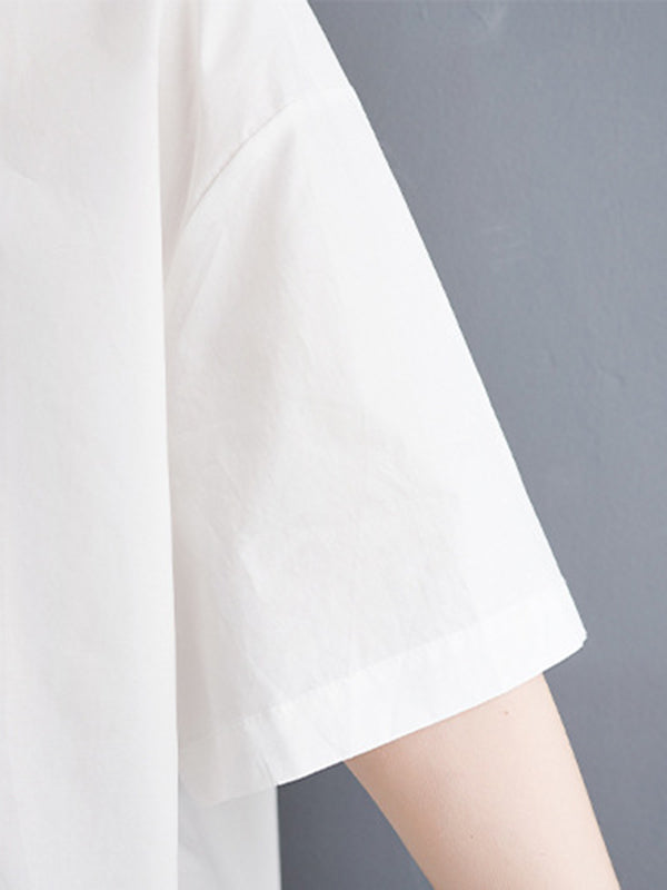 Loose Short Sleeves Floral Printed Lapel Blouses