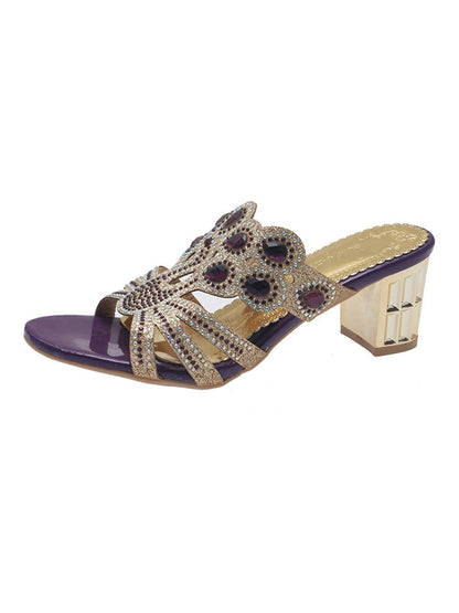 Square Heel Open Toe Rhinestone Pumps