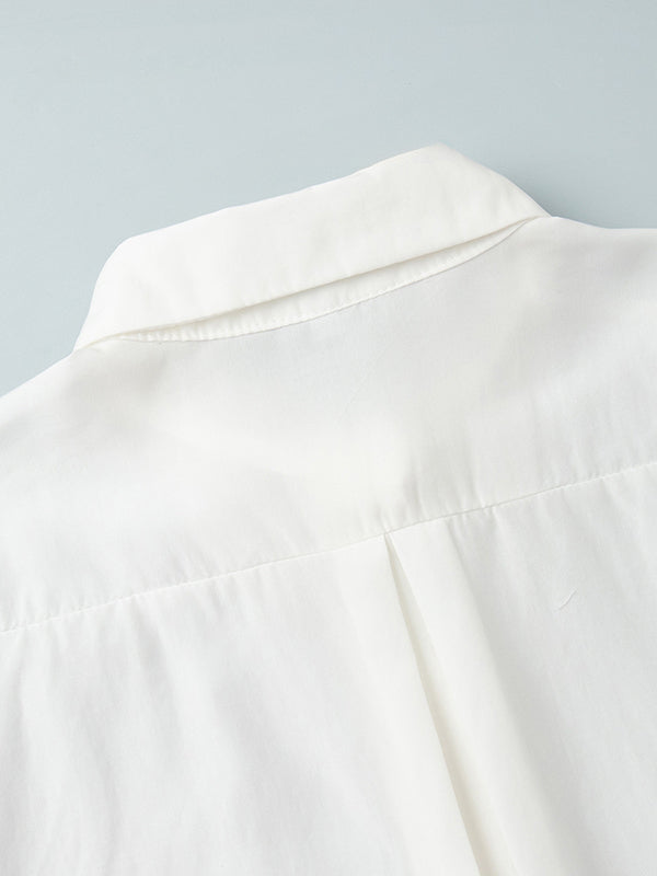 Loose Puff Sleeves Pleated Solid Color Split-Joint Lapel Blouses&Shirts Tops