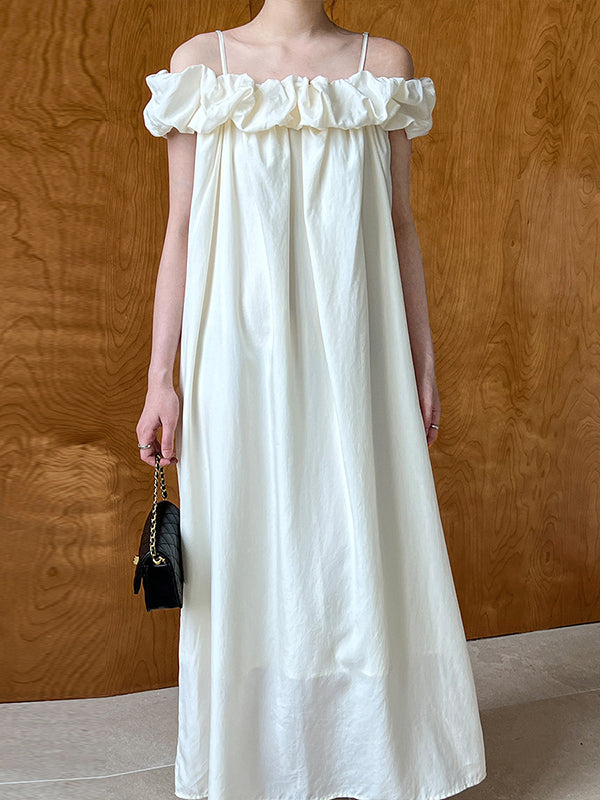 Loose Sleeveless Elasticity Pleated Solid Color Split-Joint Off-The-Shoulder Maxi Dresses