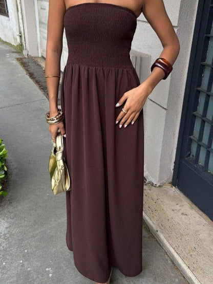 A-Line High Waisted Pleated Solid Color Split-Joint Tube Midi Dresses