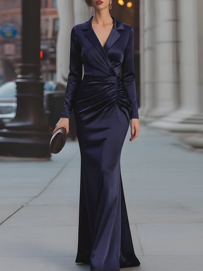 High Waisted Long Sleeves Pleated Solid Color Split-Side Notched Collar Maxi Dresses