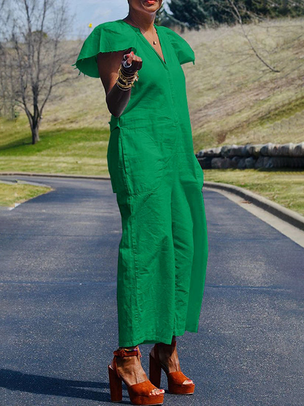 Loose Ruffle Sleeves Fringed Pleated Pockets Solid Color V-Neck Jumpsuits