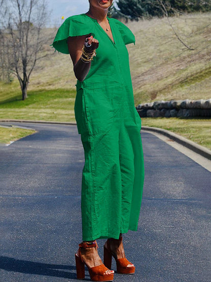 Loose Ruffle Sleeves Fringed Pleated Pockets Solid Color V-Neck Jumpsuits