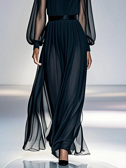 False Two Loose Gauze Pleated See-Through Round-Neck Maxi Dresses