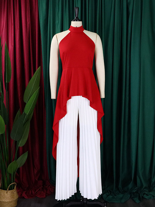 Loose Backless Lacy Solid Color Halter-Neck Vest Top + High-Low Pants Bottom Two Pieces Set