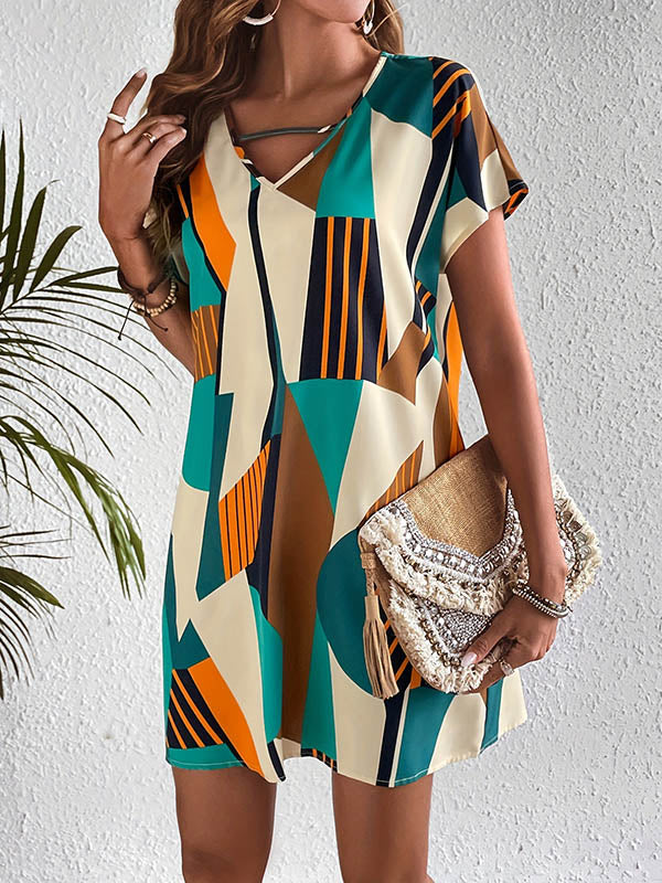 A-Line Loose Contrast Color Printed Zipper V-Neck Mini Dresses