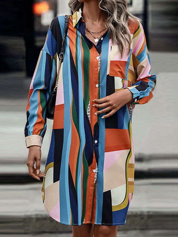 A-Line Long Sleeves Buttoned Contrast Color Lapel Midi Dresses Shirt Dress