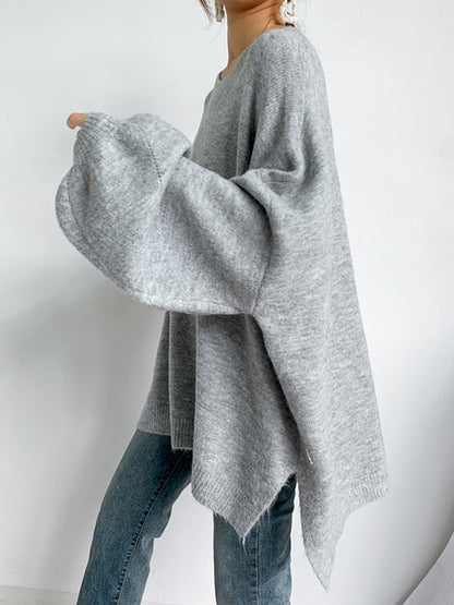 Stretch Mohair-Blend Balloon Sleeves Loose Solid Round-Neck Sweater Tops