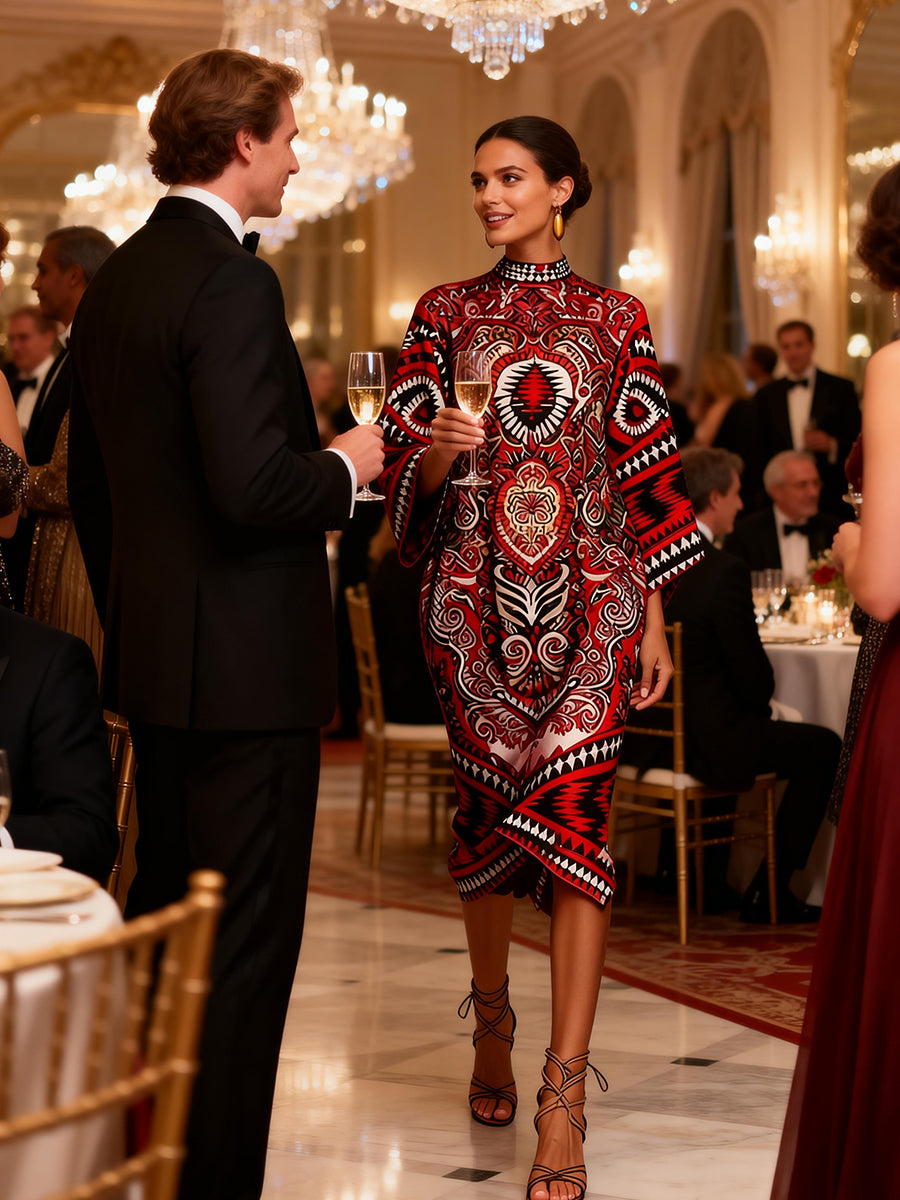 Flared Sleeves Long Sleeves Contrast Color Flower Print Geometric Split-Joint Round-Neck Midi Dresses