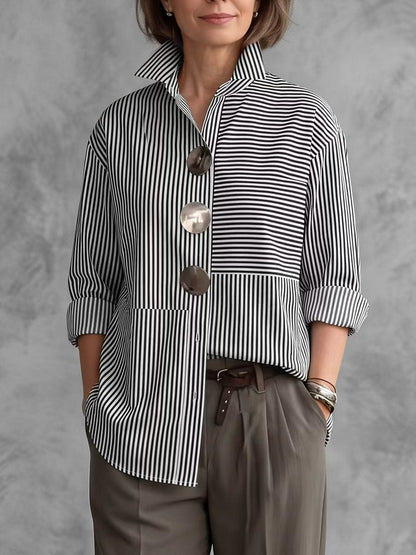 Striped Split-Joint Contrast Color Buttoned Loose Long Sleeves Lapel Blouses&shirts Tops