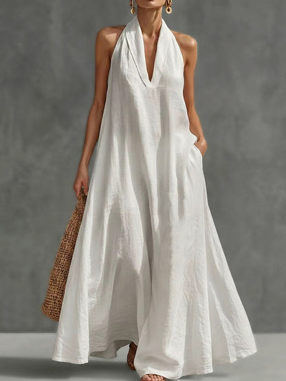 A-Line Loose Pockets Solid Color V-Neck Maxi Dresses