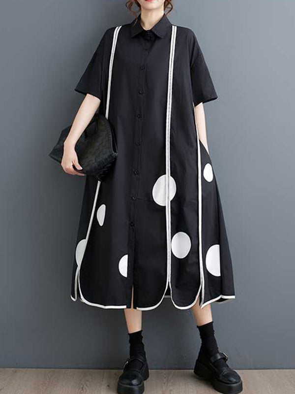 A-Line Half Sleeves Buttoned Pockets Polka-Dot Split-Front Split-Joint Lapel Midi Dresses Shirt Dress