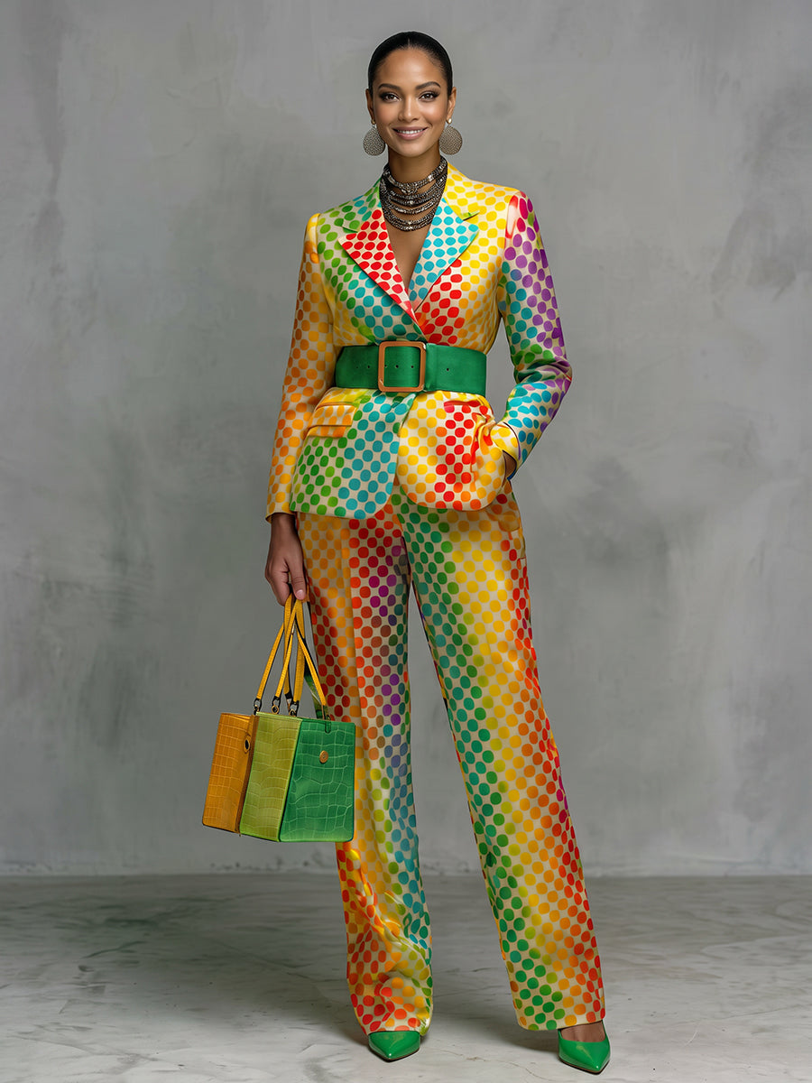 Polka-Dot Pockets Gradient Contrast Color Colorful Wide Leg Loose Trousers Suit Pants