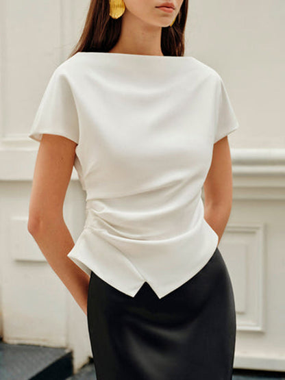 Loose Raglan Sleeve Asymmetric Pleated Solid Color Split-Joint Round-Neck T-Shirts