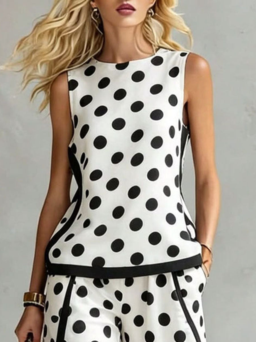 Polka Dot Contrast Color Sleeveless Round-neck Tank Top