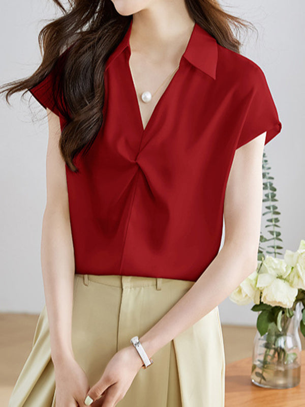 Loose Raglan Sleeve Solid Color Split-Joint Lapel Blouses&Shirts Tops
