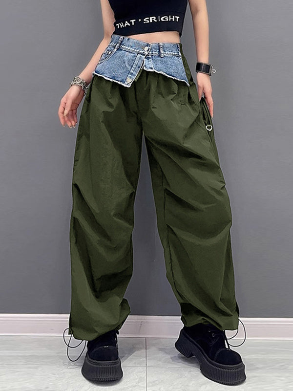 Loose Wide Leg Drawstring Elasticity Split-Joint Cargo Pants Trousers