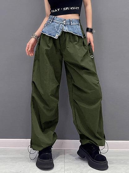 Loose Wide Leg Drawstring Elasticity Split-Joint Cargo Pants Trousers