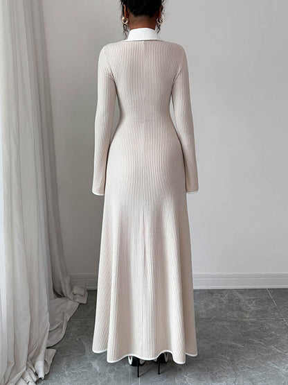 Bodycon False Two Ribbed Knit Split-Joint Lapel Maxi Dresses Sweater Dresses