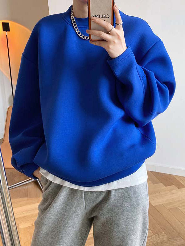 Long Sleeves Loose Solid Color Round-Neck Sweatshirt Tops