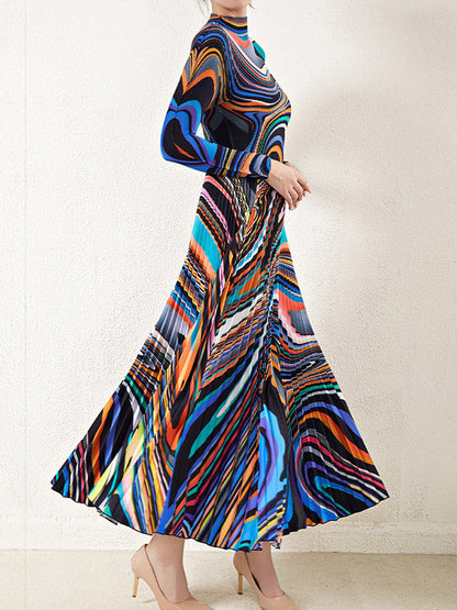 Long Sleeves Contrast Color Pleated Mock Neck T-Shirt Top + Printed A-Line Skirts Bottom Two Pieces Set